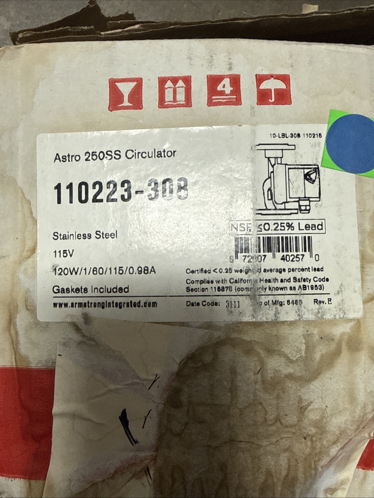 Armstrong 110223-308 Circulating Pump, SS 115V, 1 Phase, Astro 250SS, 3 Speed