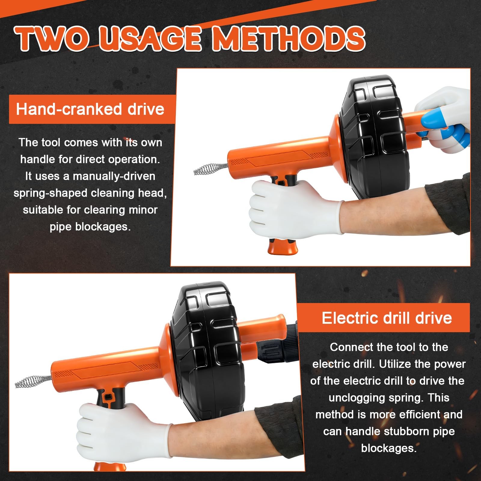 45 FT Drain Snake Tools, Manual Or Powered Double Mode Auto Retract Drain Dra…