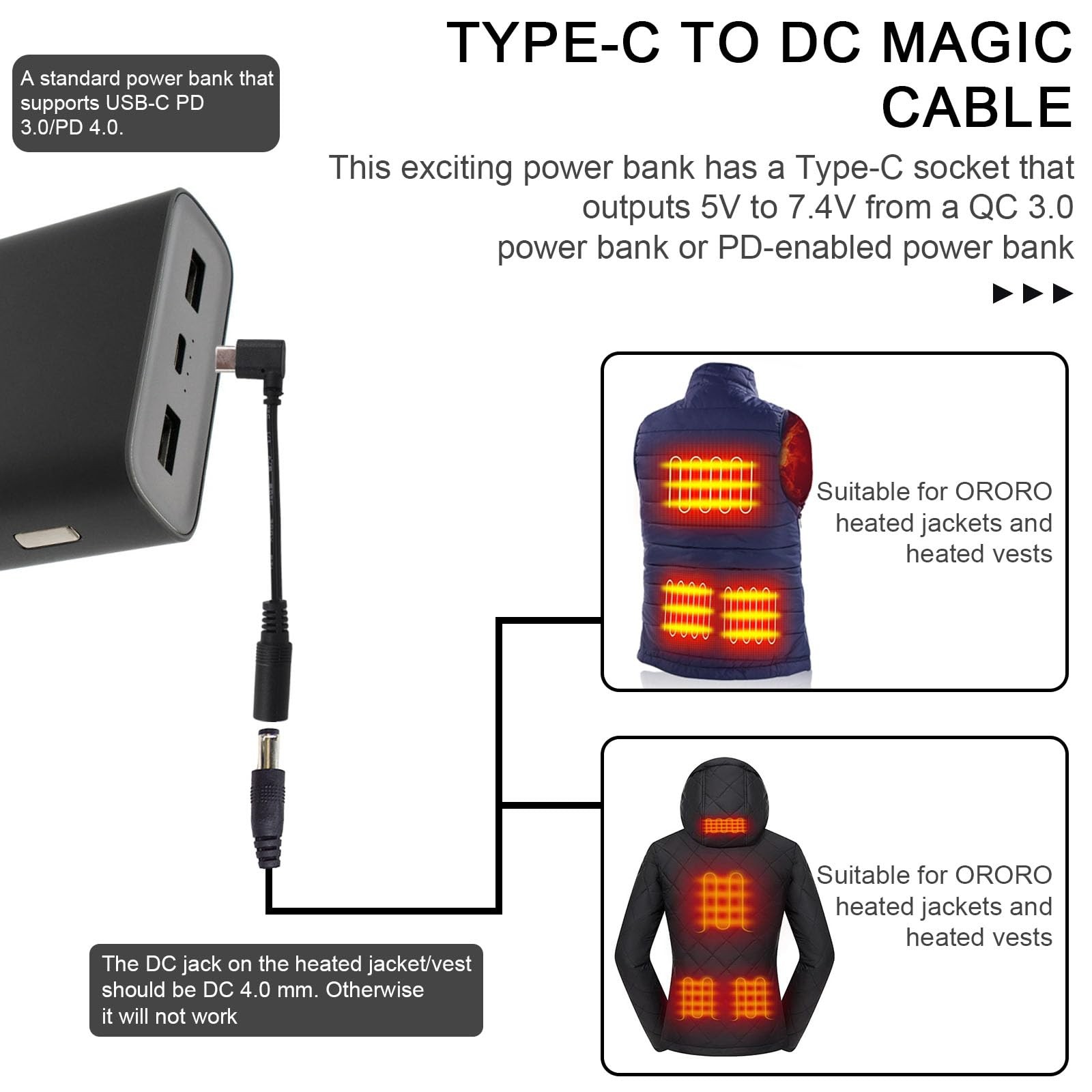 2pcs Type-C to DC Adapter for ORORO Jackets and Vests, 7.4V Heated Vest Adapter