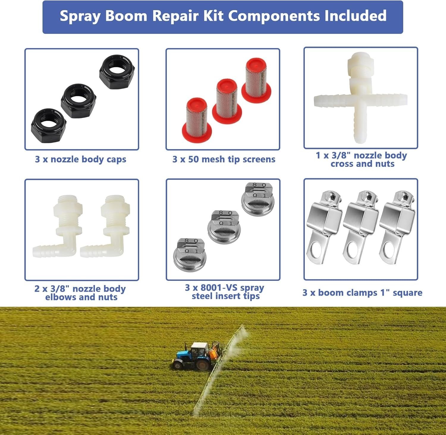 Spray Boom Repair Kit, Sprayer Parts Including 8001-VS Tips Screens Clamps