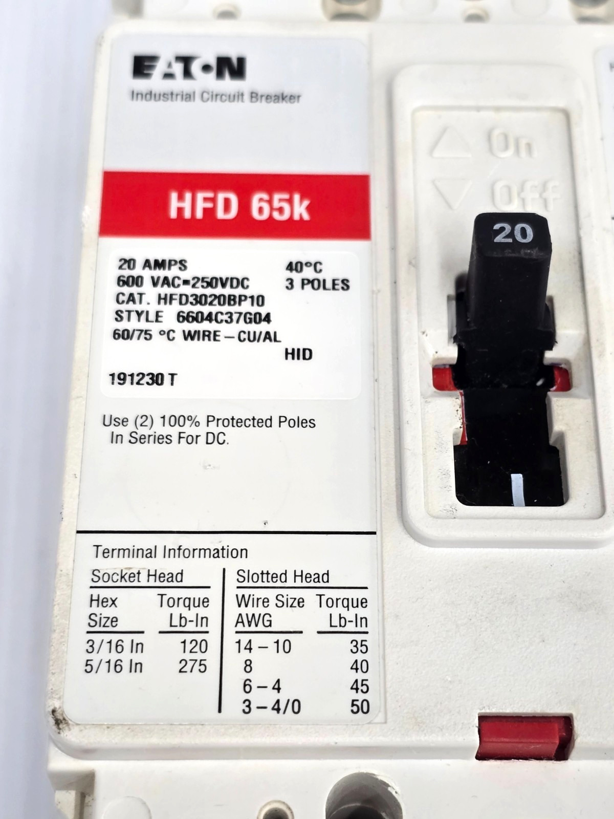 Eaton 20 Amp Industrial Circuit Breaker 600 VAC 3 Pole 100 kA HFD3020BP10