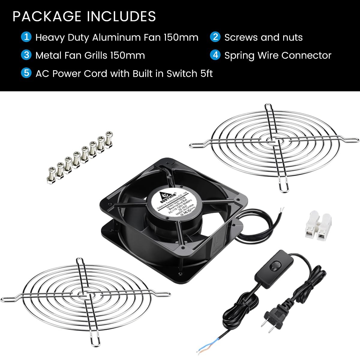 GDSTIME AXIAL Fan 15050, 110V 120V AC 150mm x 150mm x 50mm Fan, Ventilation Exha