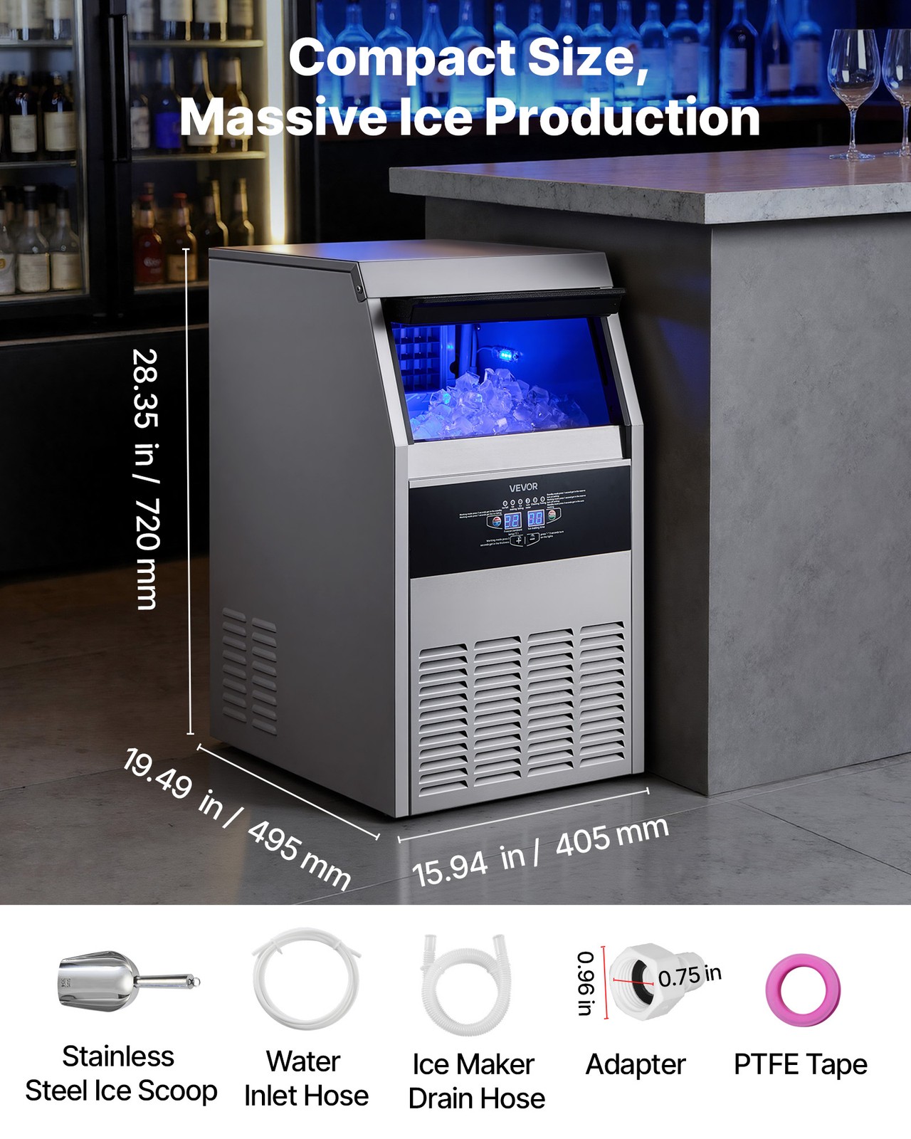 VEVOR Commercial Ice Maker 130 lbs/24h Ice Machine 30 lbs Storage Bar Restaurant