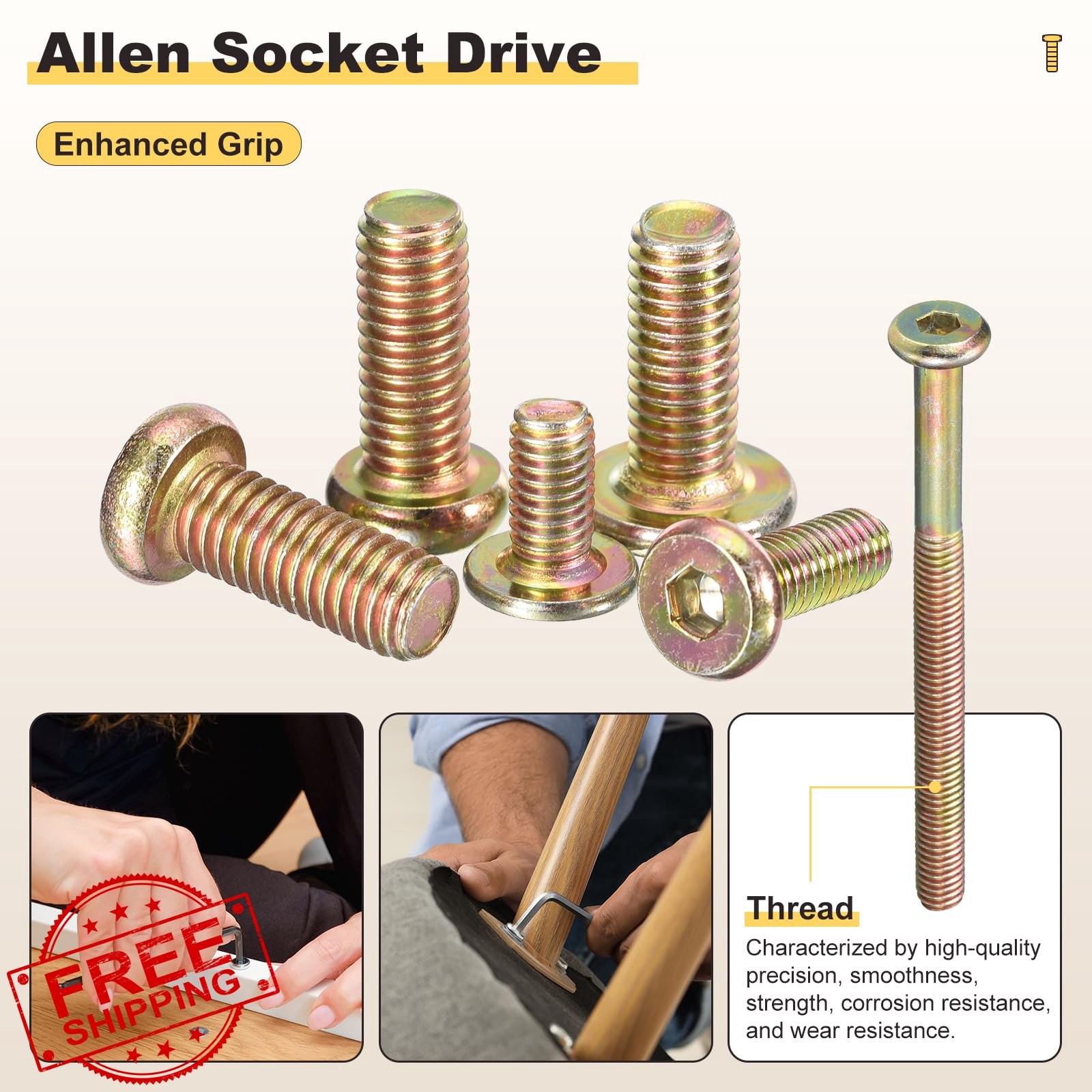 METALLIXITY Crib Screws M6-1×30-80mm Yellow 150 Pcs