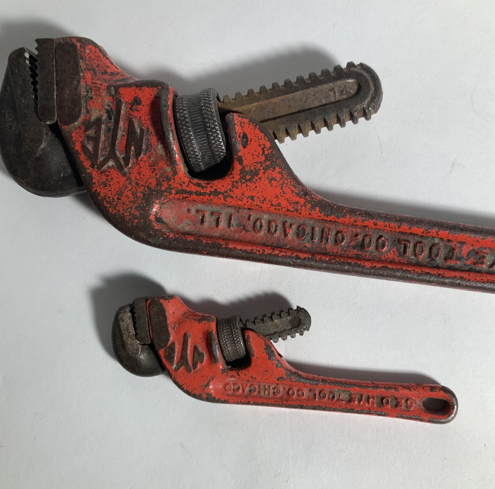 Two NYE Tool Heavy Duty Offset Pipe Wrenches, 14 and 6, vintage Steel Chicago