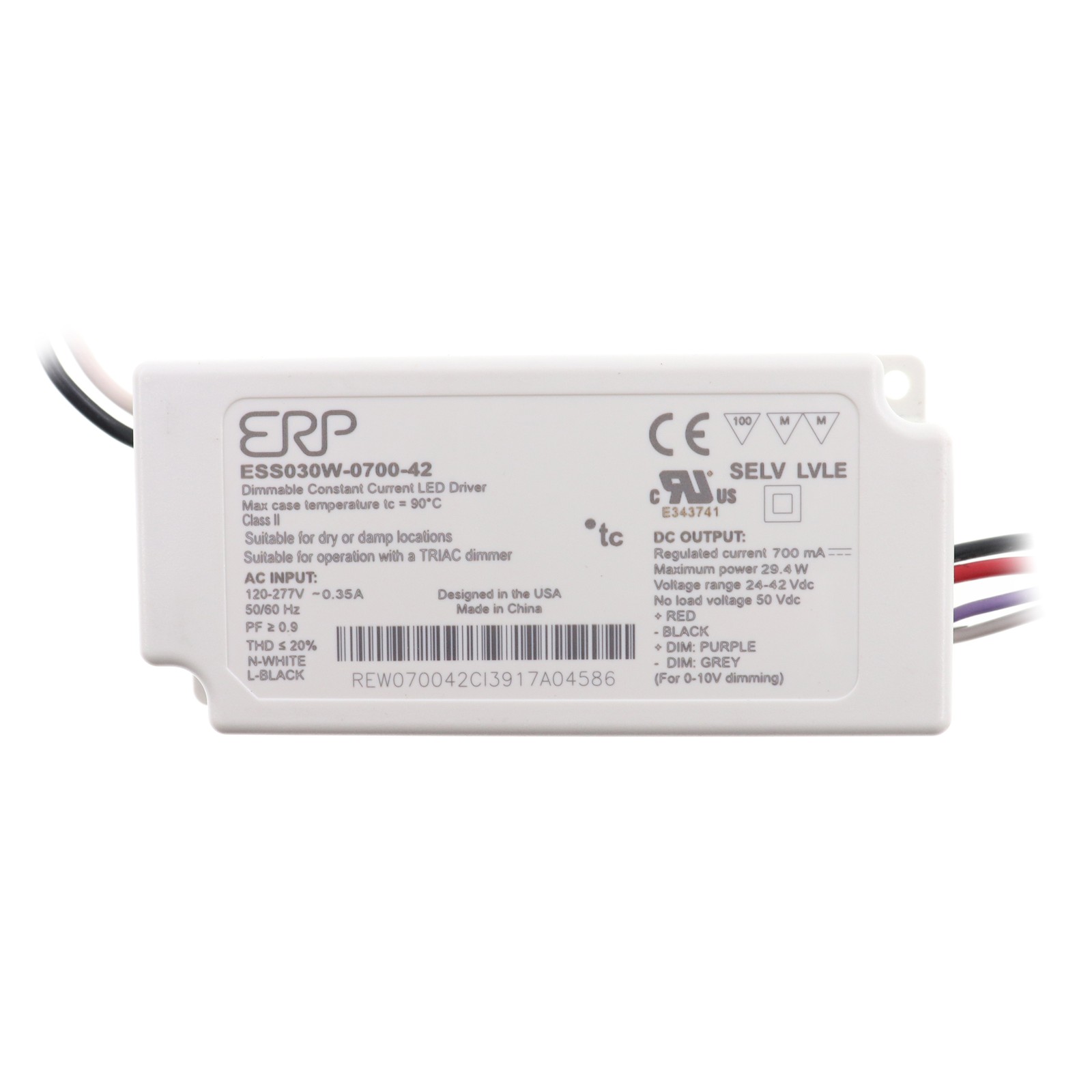 ERP ESS030W-0700-42 DIMMABLE CONSTANT CURRENT LED DRIVER, 700MA, 30W, 24-42VDC