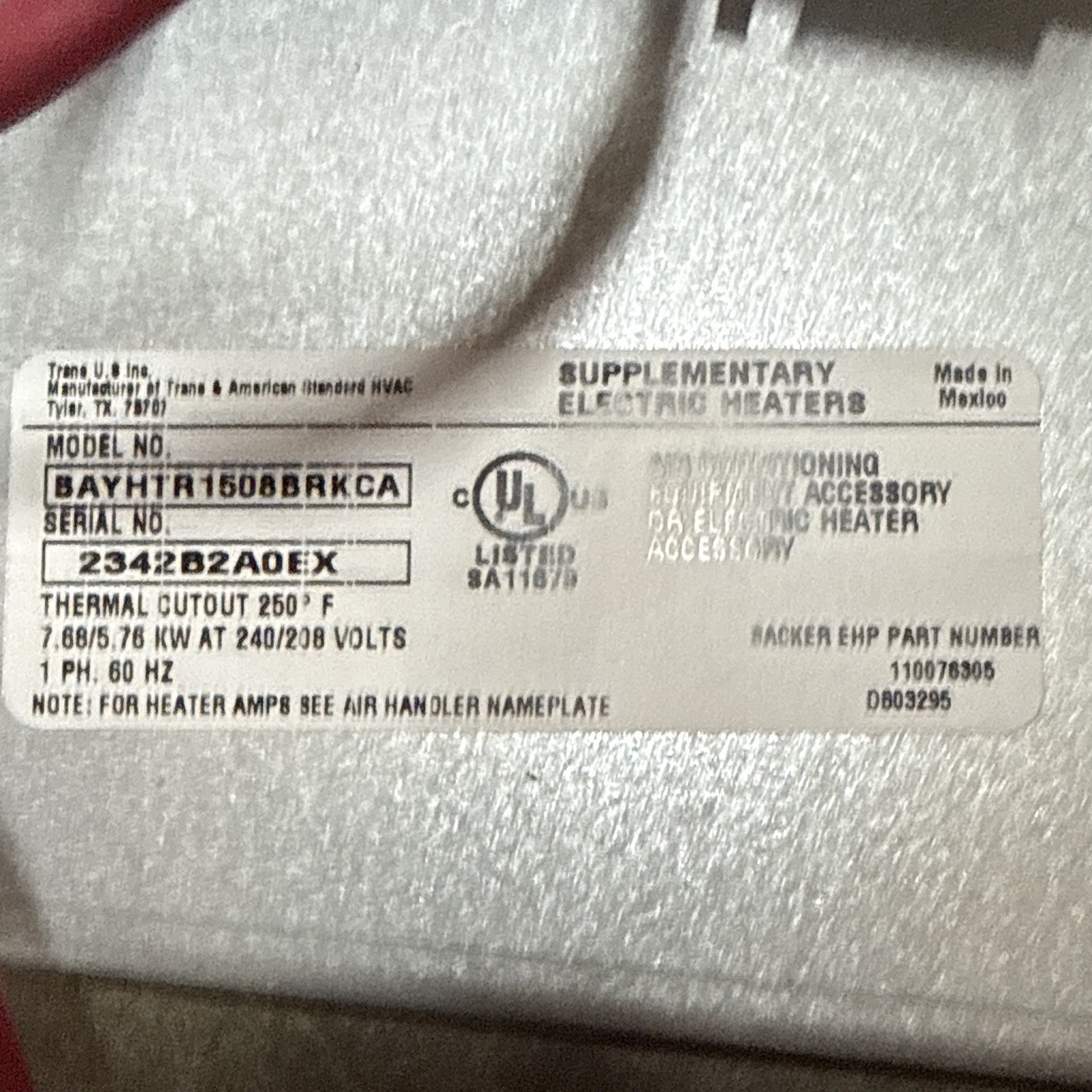 Trane BAYHRT1508BRKCA Heat Strip Kit 7.88/5.78kW 240/208V 1PH 250F
