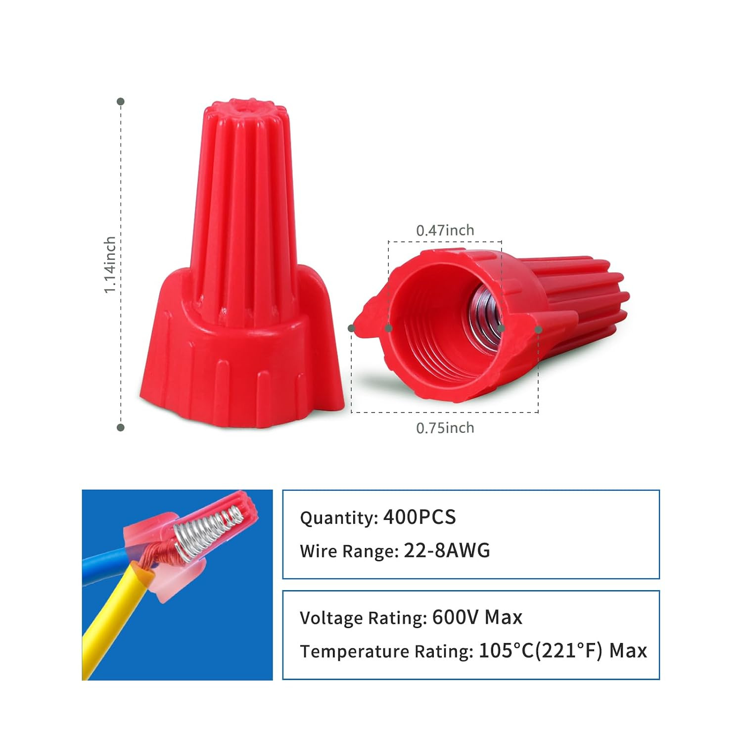 400PCS Red Wire Nuts Connectors P12 Twist Wire Caps Electrical Wire Connectors,