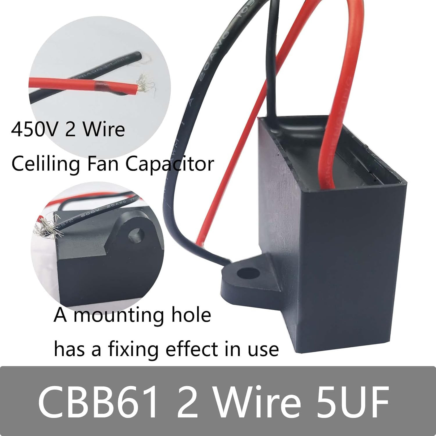 CBB61 Ceiling Fan Capacitor 2 Wire 4.5Uf Compatible with 400/350/300/250VAC Fan