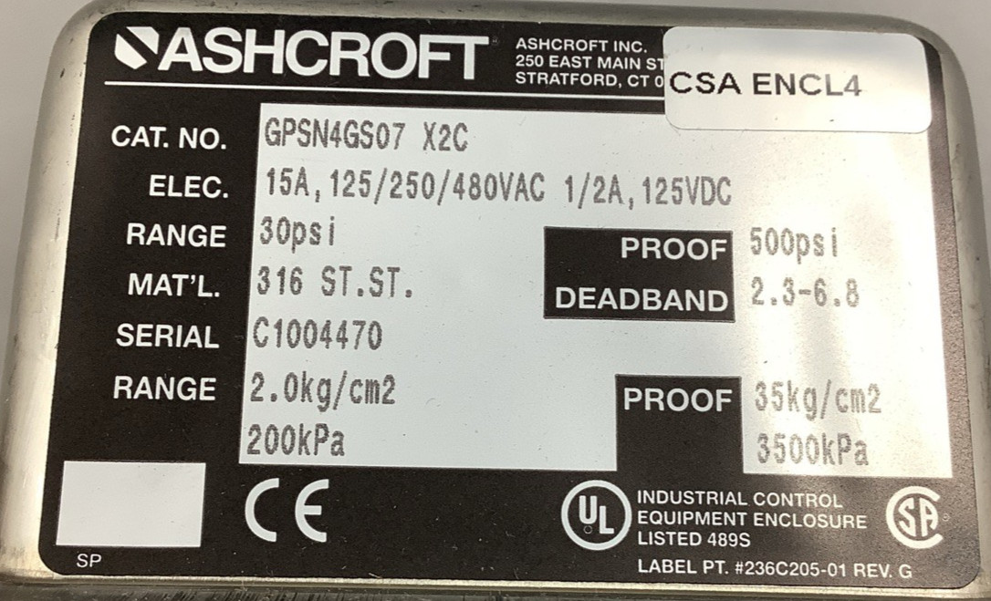 Ashcroft GPSN4GS07X2C 30PSI 316SS 15A Pressure Switch NEMA 4 (R46)