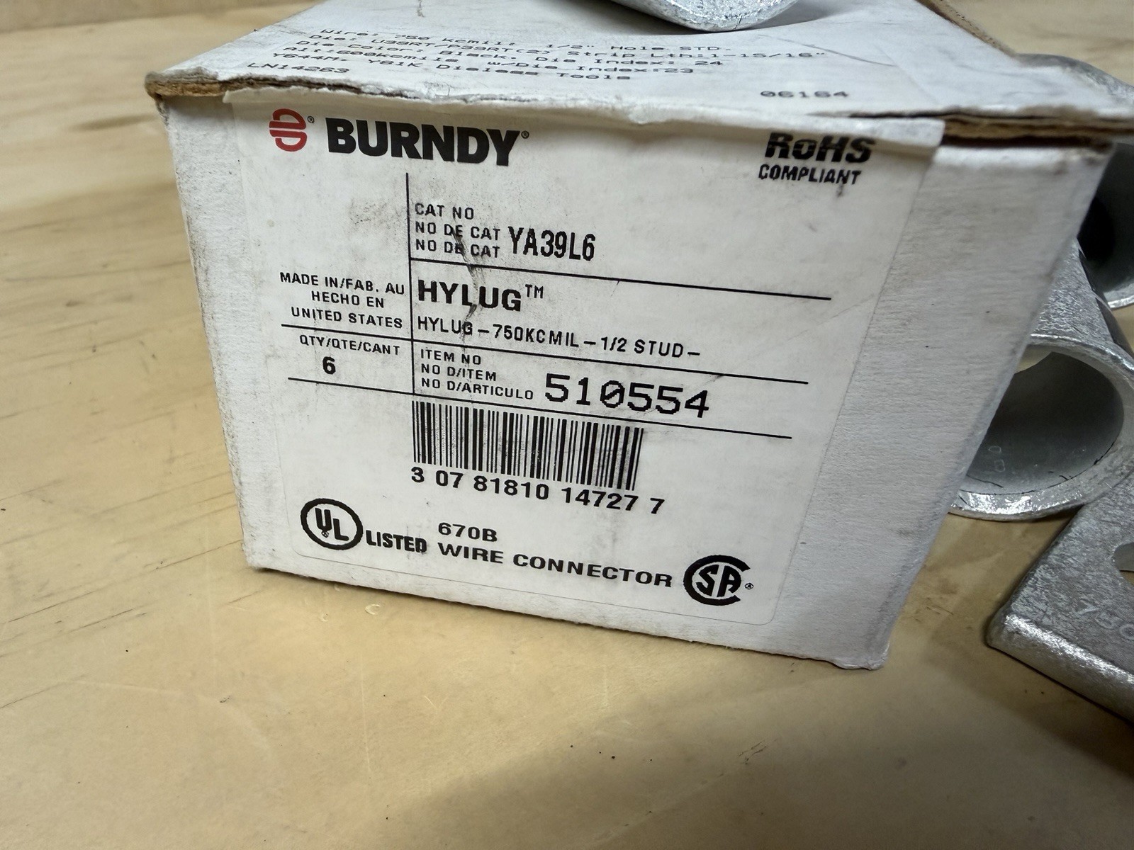 Lot of (6)Burndy 750kcmil YA39L6 lugs, 1/2” Hole STD U39RT P39RT