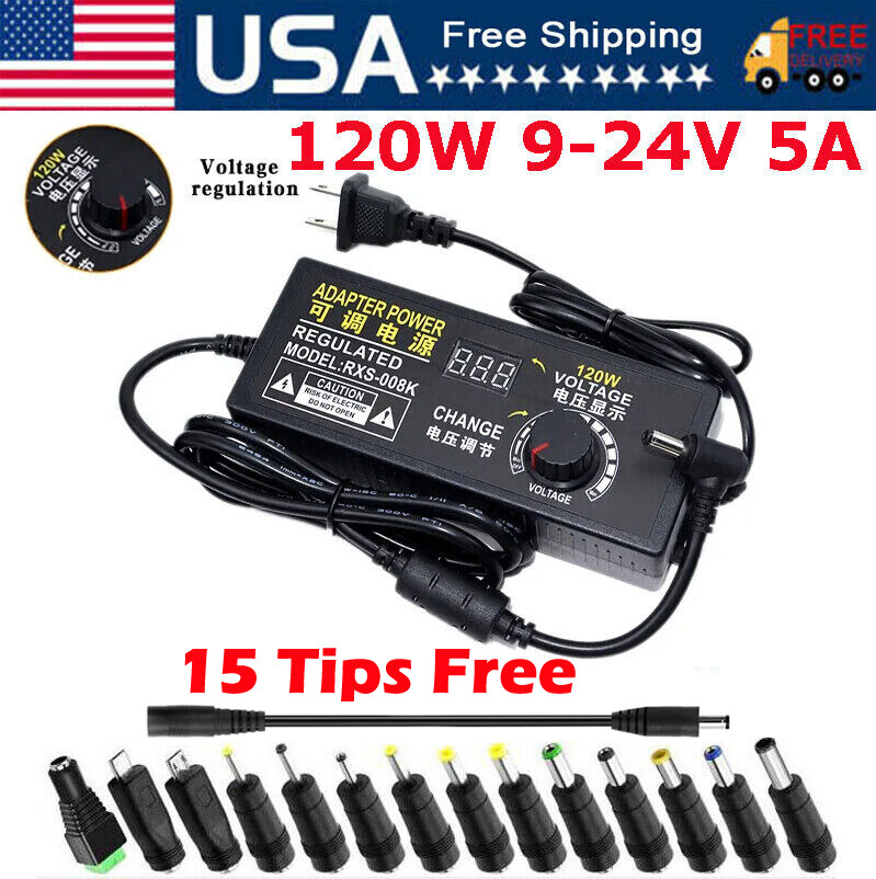 120W Adjustable Voltage Power Supply Adapter Transformer with 15 Plugs 9V-24V 5A