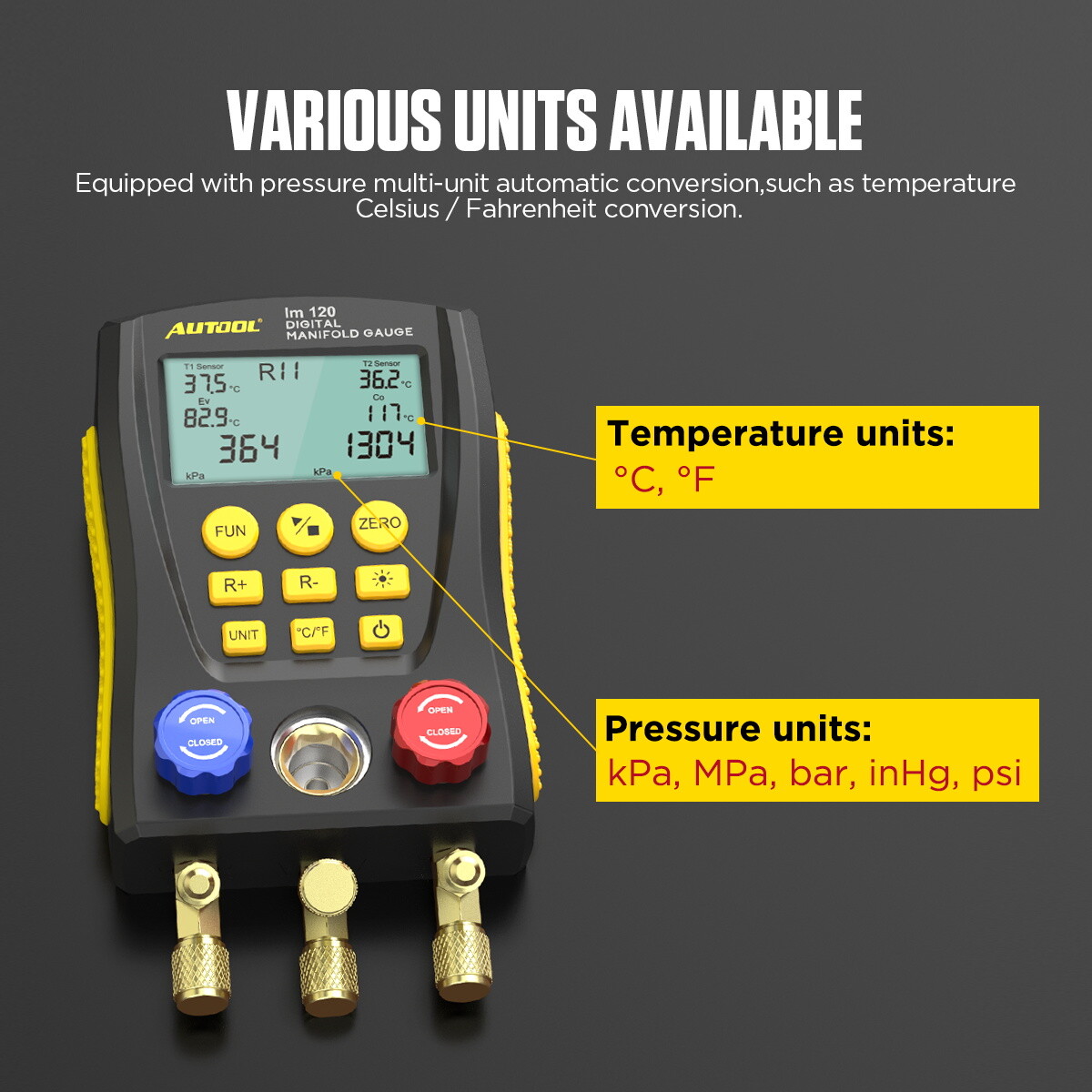 Refrigeration Digital Manifold Gauge Set HVAC System Vacuum Pressure Temp Tester