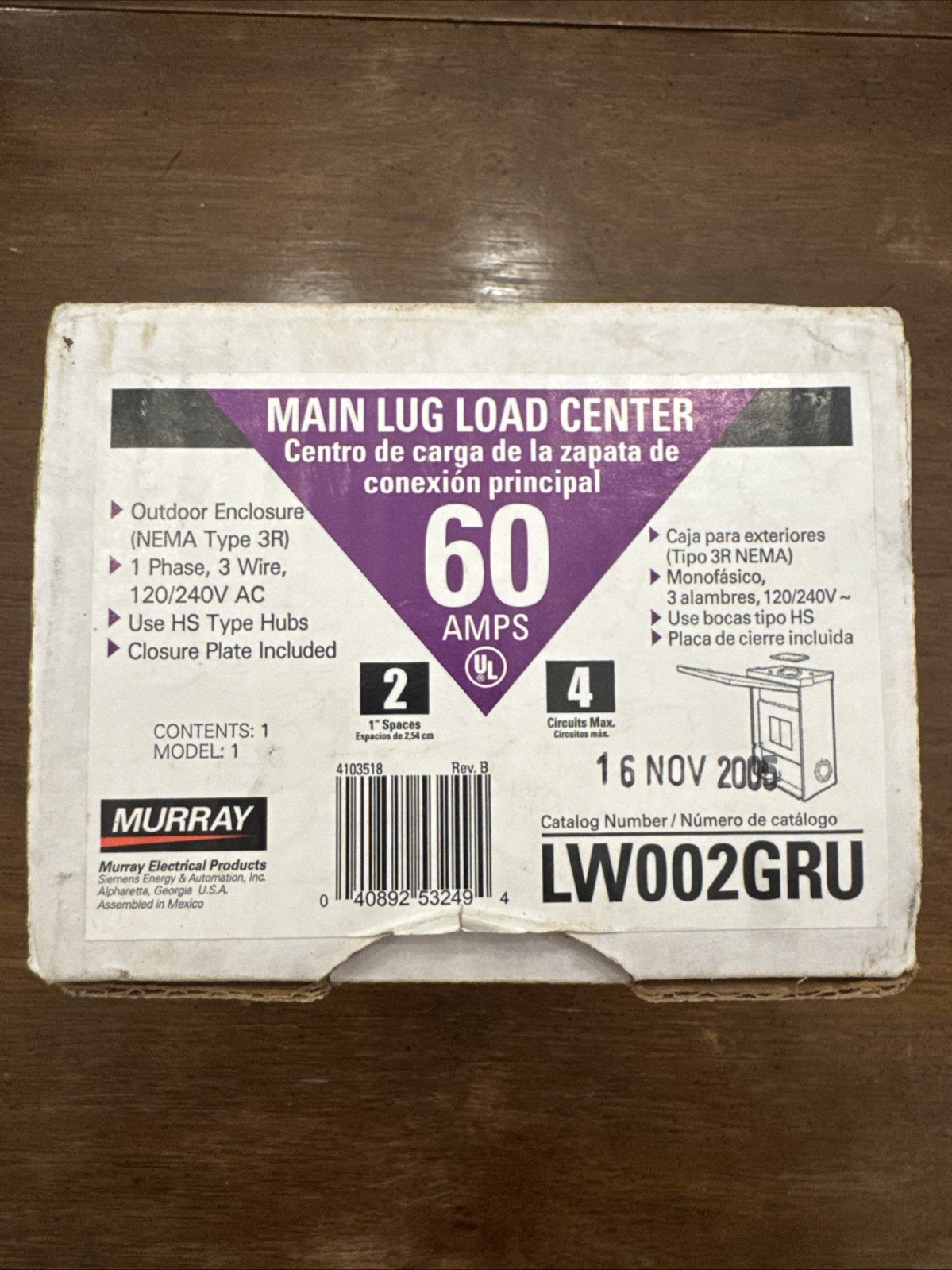 MURRAY LW002GR Circuit Breaker enclosure, 60 Amp, 120/240 Volt