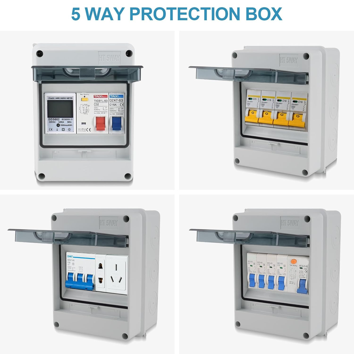 5-Way IP65 Circuit Breaker Box with DIN Rail ABS Plastic Enclosure Indoor/Outdoo