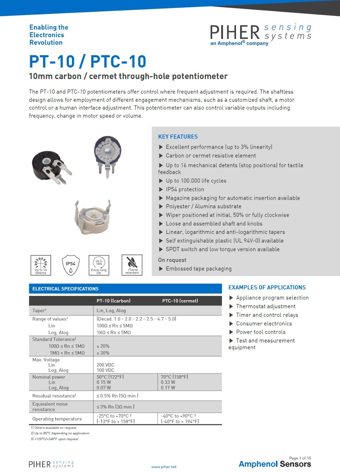 10 Pcs PT10MH05-104A2020 PIHER Potentiometer 1Turn THT 10MM 100 kΩ ±20% Linear