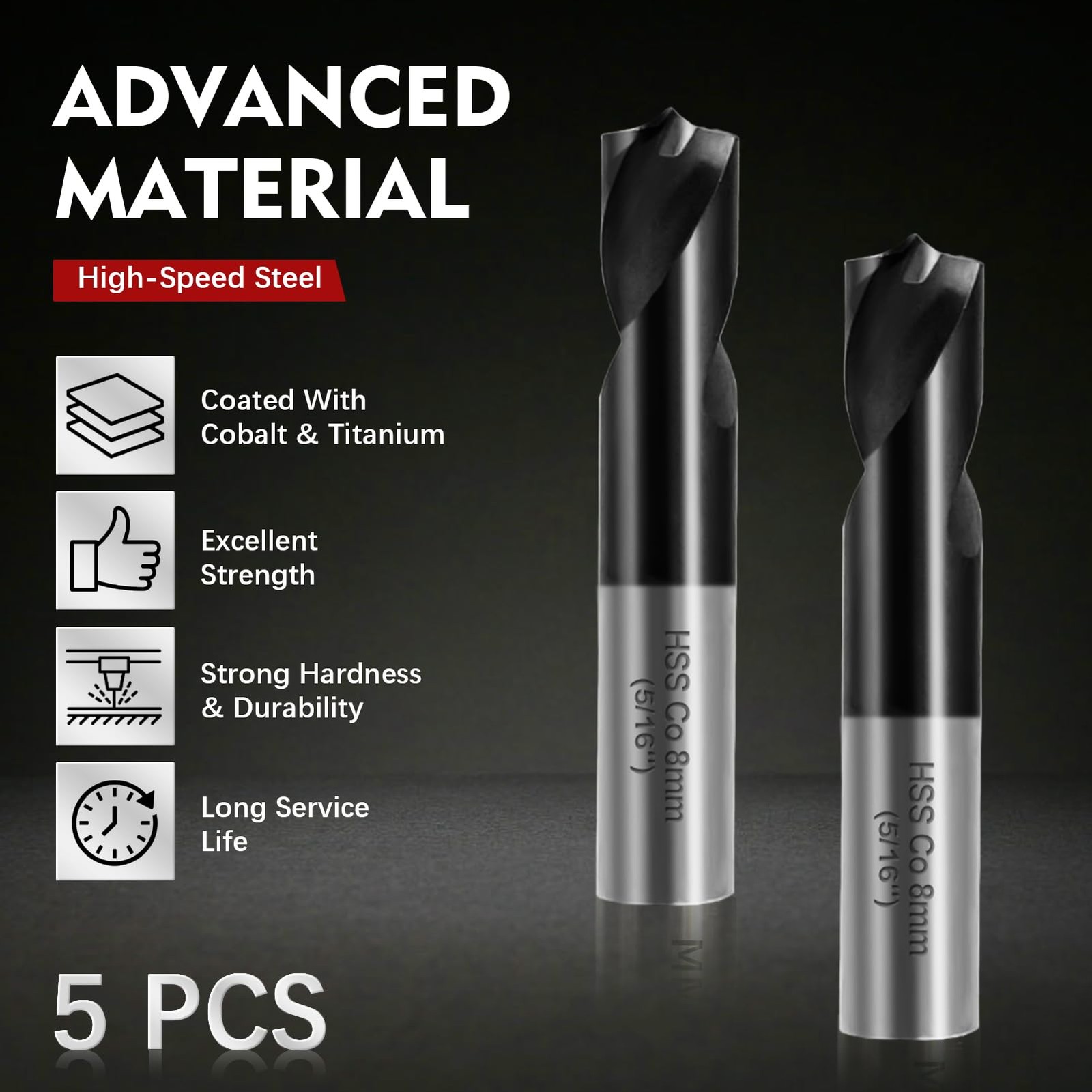 RENYU 5Pcs Cobalt Spot Weld Drill Bit Set Kit, Titanium 8 millimeters, BLACK