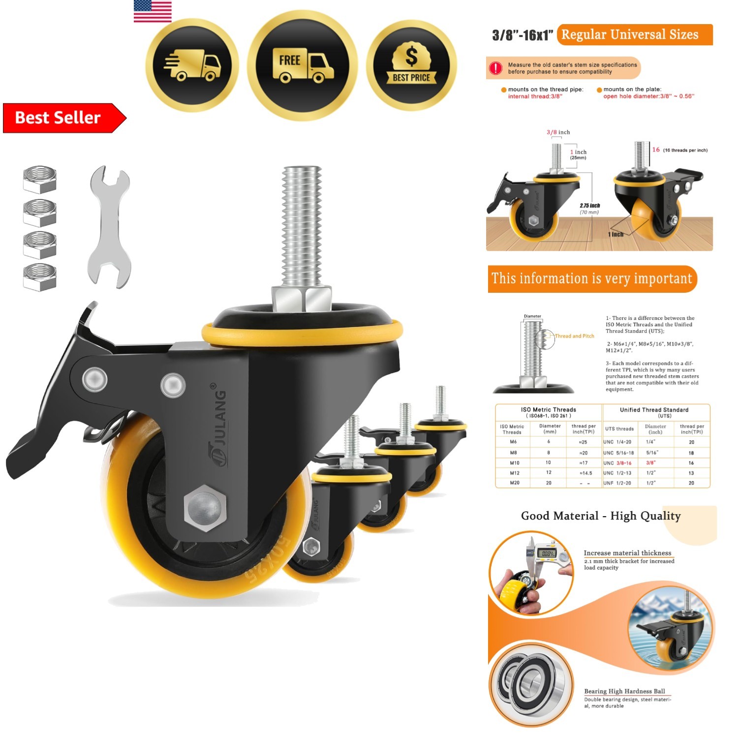 Heavy Duty 2 Inch Caster Wheels Set of 4 with Dual Locking Safety for Furniture