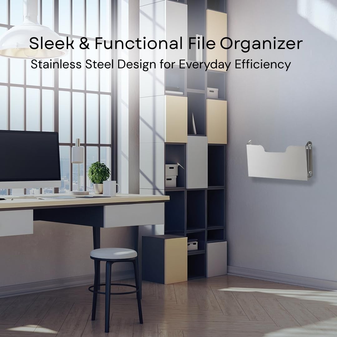 Wall Mount Pocket File Organizer – Stainless Steel, Single Pocket, Letter Size,