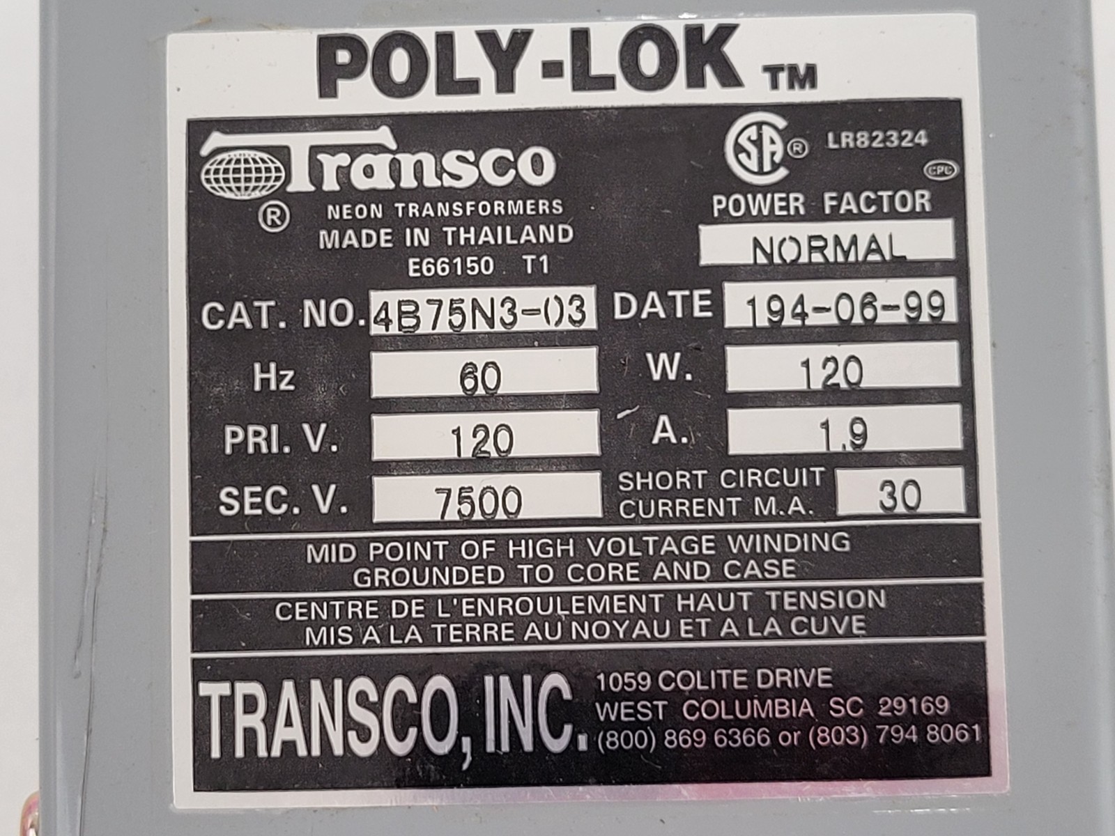 Transco 4B75N3-03 Neon Tube Light Transformer 7.5KV Pri: 120V Sec: 7500V 60Hz