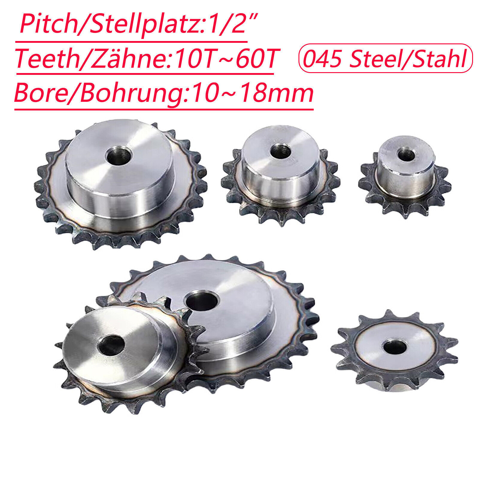 12.7mm For 08B Chain Chain Drive Sprocket Wheel 10T-60T Bore 6-15mm Pitch 1/2″