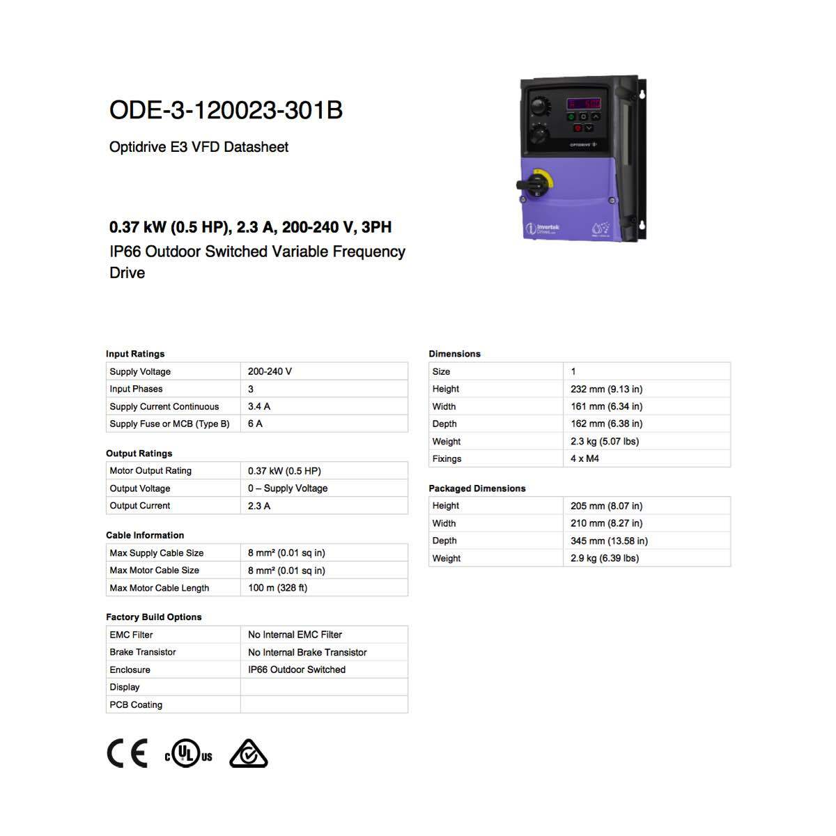 ODE-3-120023-301B – Invertek VFD – 0.5HP 2.3A 200V-240V 3Ph/3Ph – VFDexchange