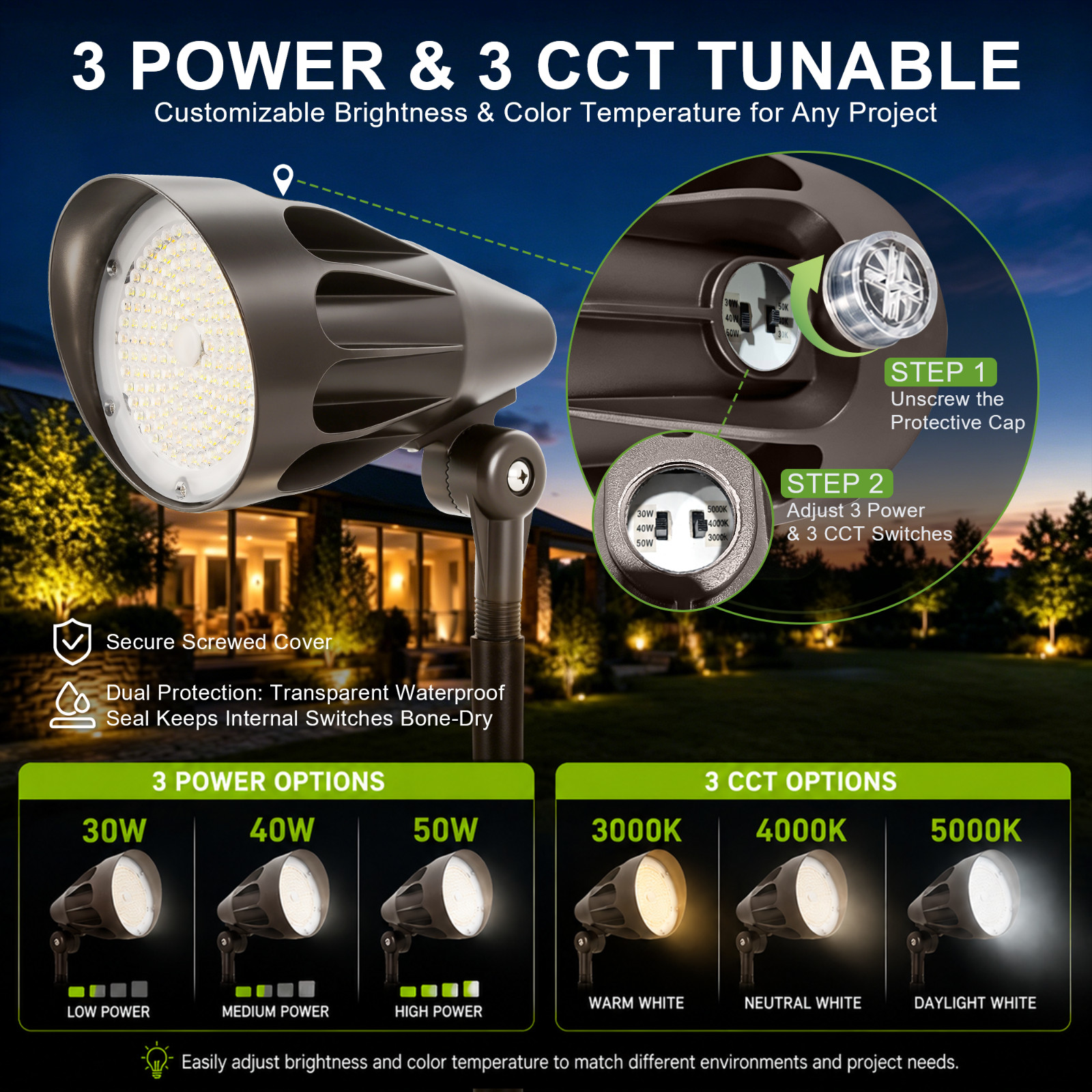 LED Bullet Spot Flood Light 30W/40W/50W Selectable, 3000K/4000K/5000K