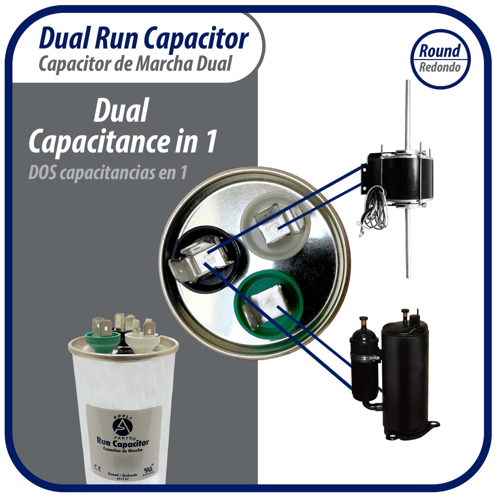 Appli Parts Dual Run Capacitor for ac 60+5 Mfd uF (microfarads) 370VAC or 450VAC