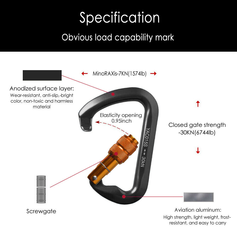 Screw Locking Carabiner +10mm Prusik Cord Loop Rock Climbing Rope Tree Arborist