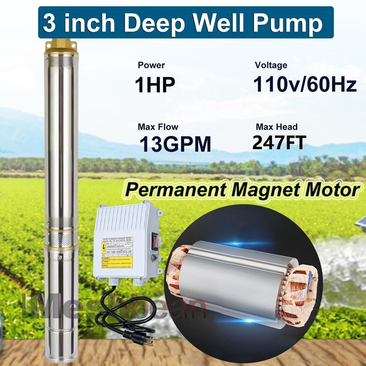 3″ OD 1 HP Deep Well Submersible Pump 230V 13GPM 247ft w/Control Box 100ft Cord