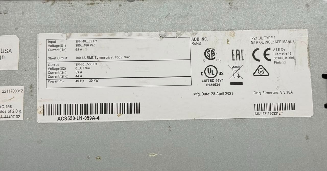 ABB | ACS550-U1-059A-4 | 30 KW, 40 HP, 380-480 V | TESTED OKAY, FAST SHIP