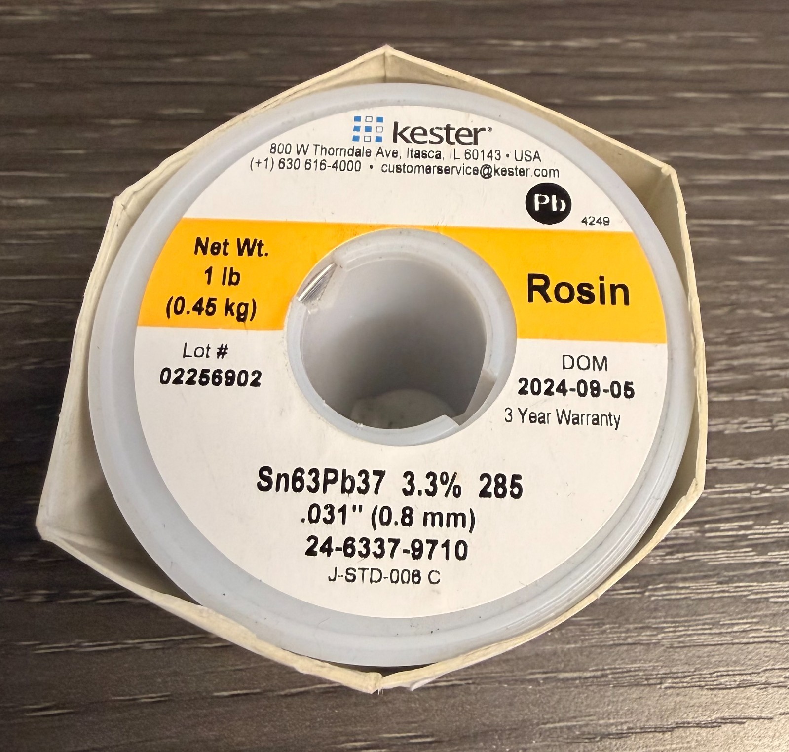 Kester Solder 24-6337-9710 / #285-RMA-Rosin / Sn63Pb37 63-37 / .031″ dia / 3.3%