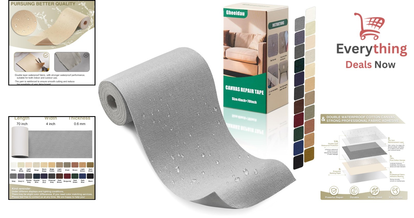 Heavy Duty Fabric Repair Tape Waterproof Canvas Patch for Tents Boat Covers Gray