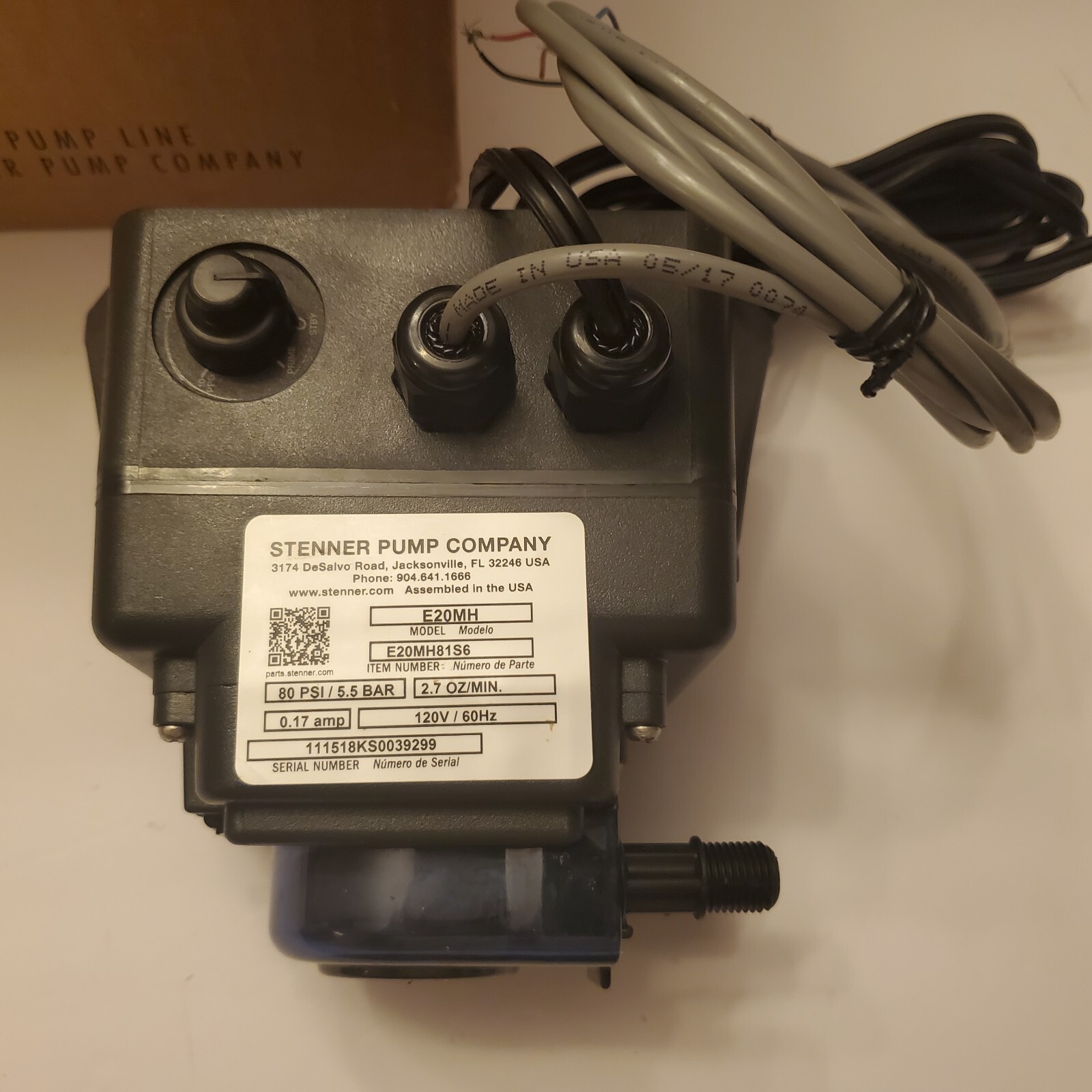 «New» STENNER PUMP E20FXBA2S6 With Cable & Class 2 Power Unit 80PSI 2.7 Oz./min