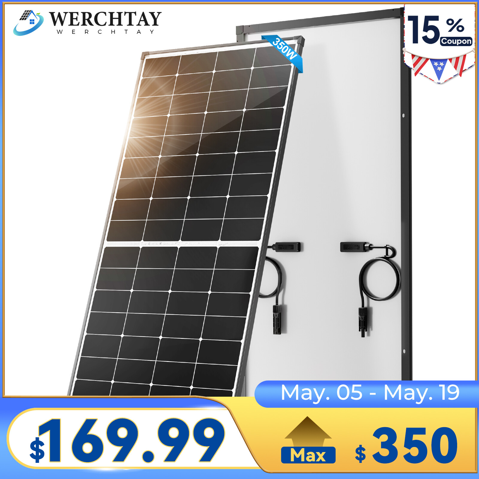 350W Mono Solar Panel 25.2% High Efficiency Farm Home Shed Rooftop On/Off Grid