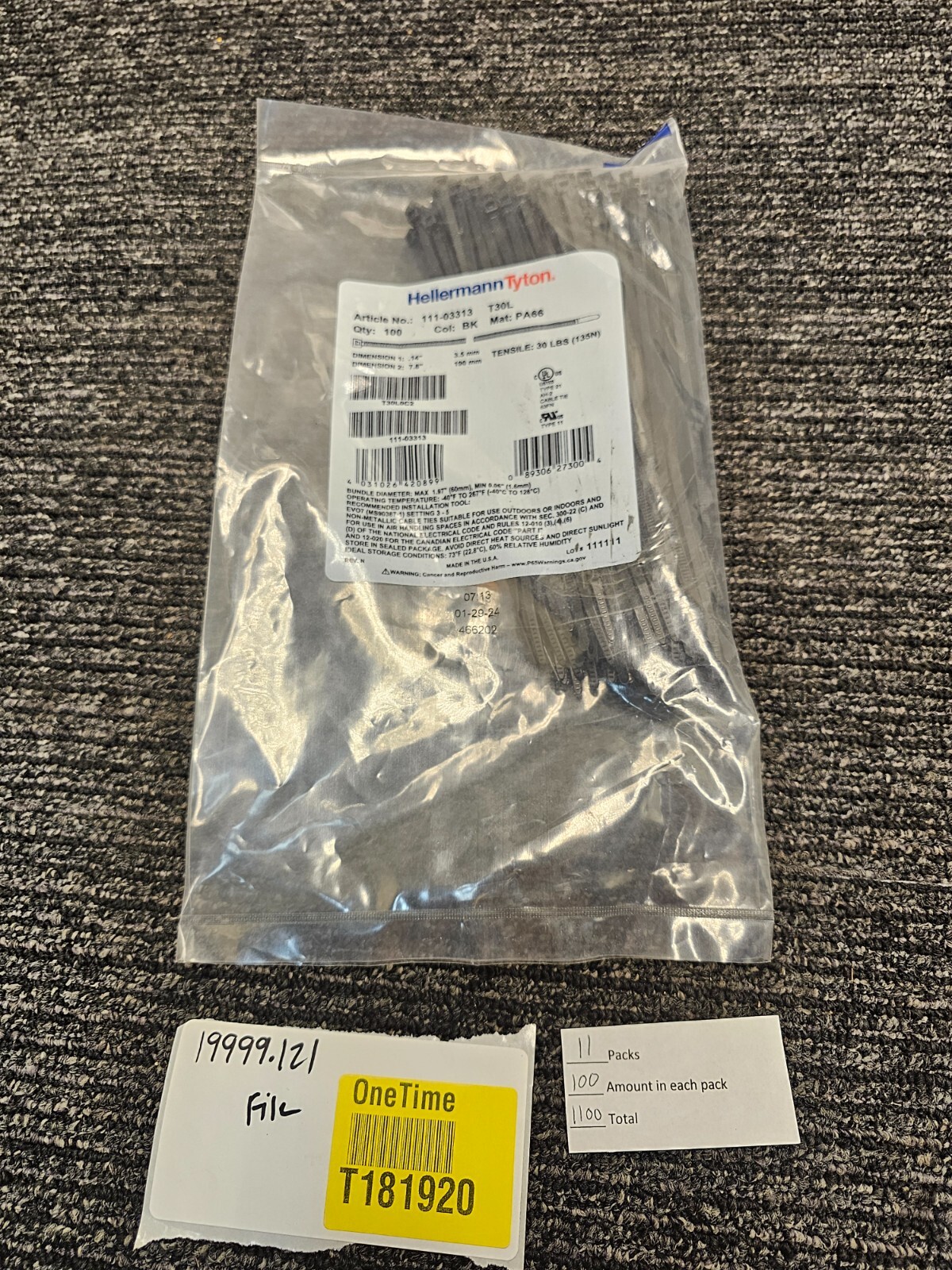 (QTY 1100) HellermannTyton 111-03313 T30L Nylon Cable Tie, Black, 7.5″ 30lb
