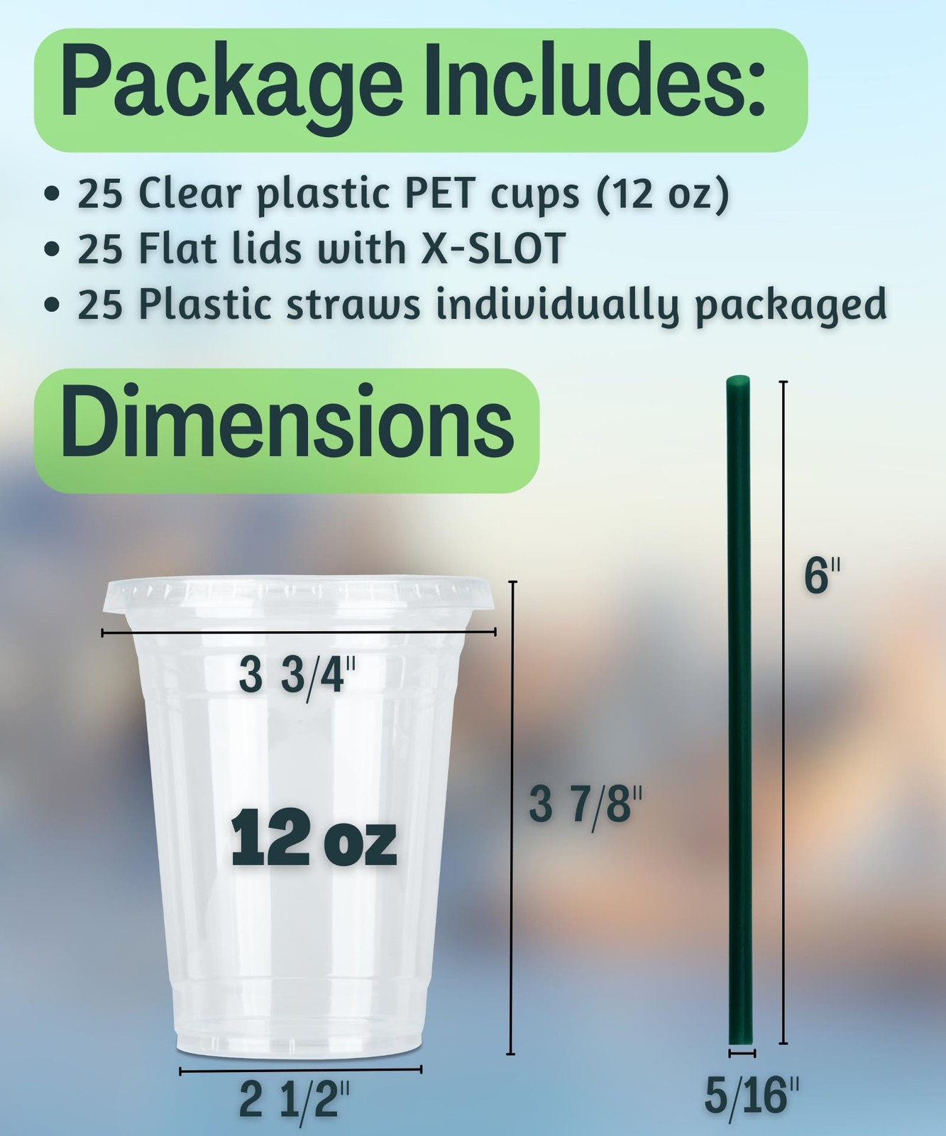 12 oz Clear Plastic Cups with Lids and STRAWS, Disposable 50 Piece Set, 12
