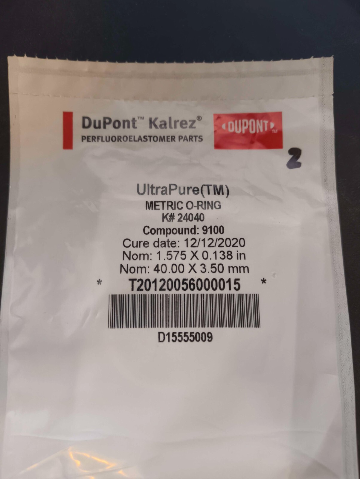 Dupont Kalrez Ultrapure Metric O-Ring K#24040 Compound: 9100 (40.00 X 3.50 mm)