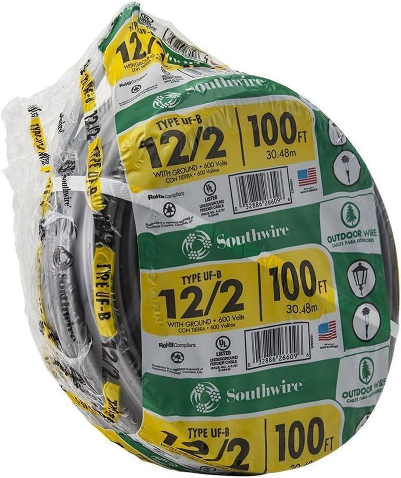 12/2 UF B Wire with Ground, 100 Ft, Gray Solid Copper Direct Burial Cable for Ou