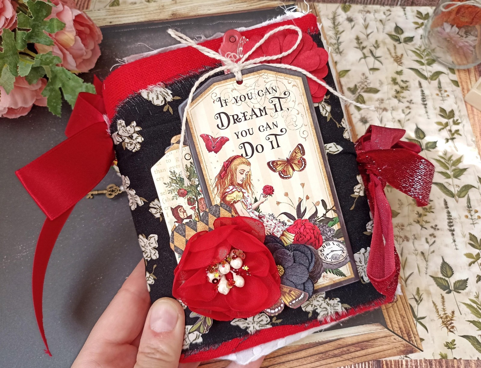 Junk journal handmade Alice in Wonderland Adventure notebook 6×5 in 200 pgs