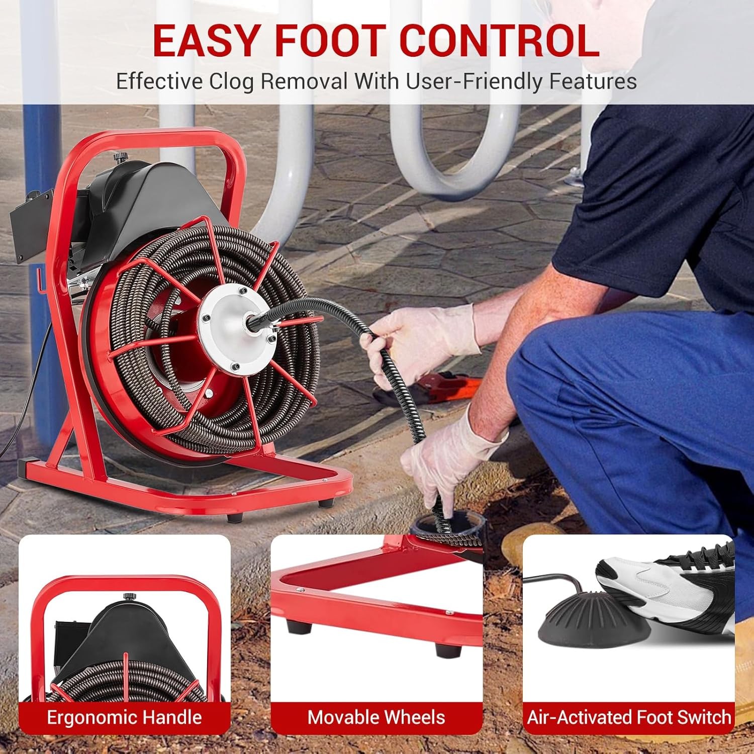 Drain Cleaner Machine Electric Drain Auger 75 FT x 1/2 In Auto Feed 1850RPM 450W