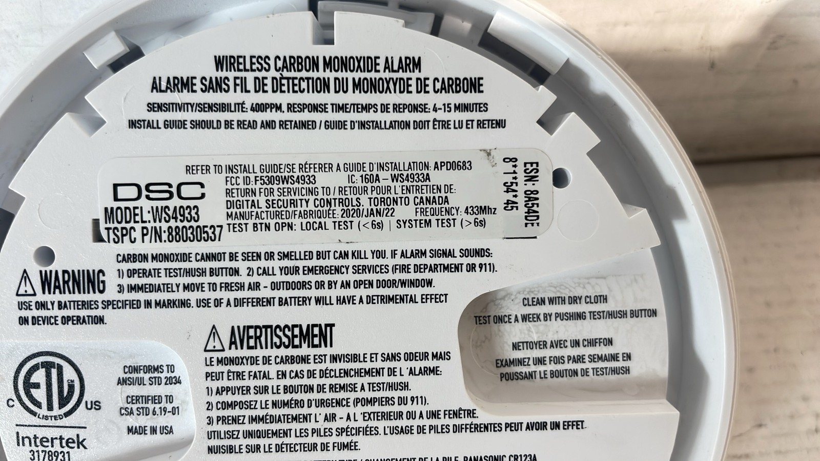 DSC Wireless Carbon Monoxide Detectors PG9933 WS4933 CO Alarms Lot Of 3