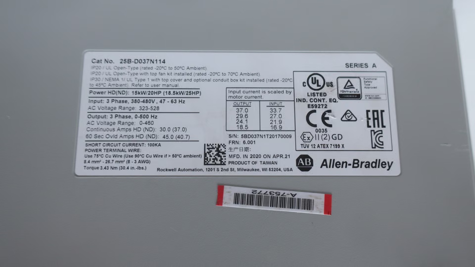 Allen Bradley 25B-D037N114 Powerflex 525 Drive 25hp 323-528vac 0-460vac 0-500hz