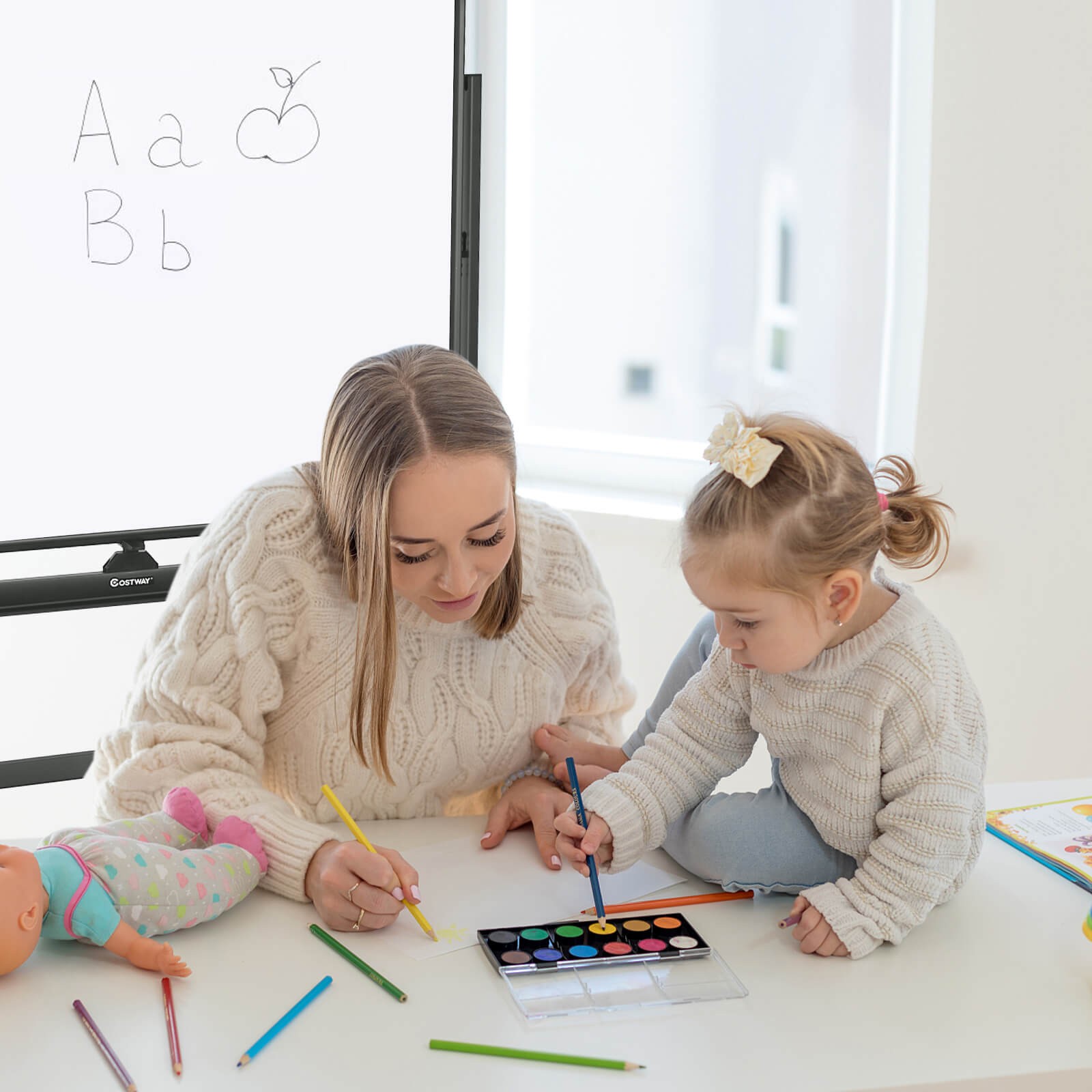 Costway 48″x36″ Mobile Magnetic Double-Sided Reversible Whiteboard Height Adjust