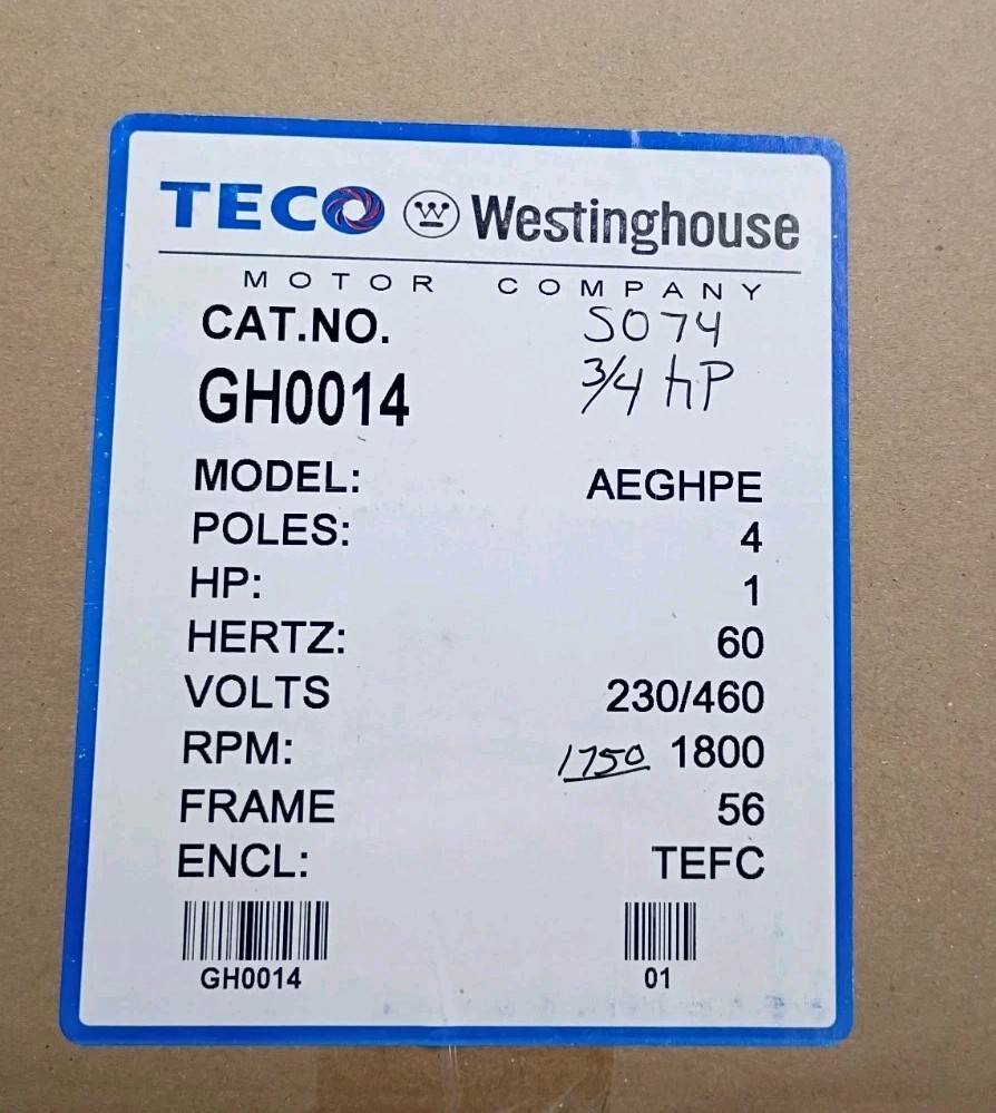 Teco 3/4 HP Farm Duty Electric Motor 1750RPM 115/230V 1 Ph TEFC Frame 56