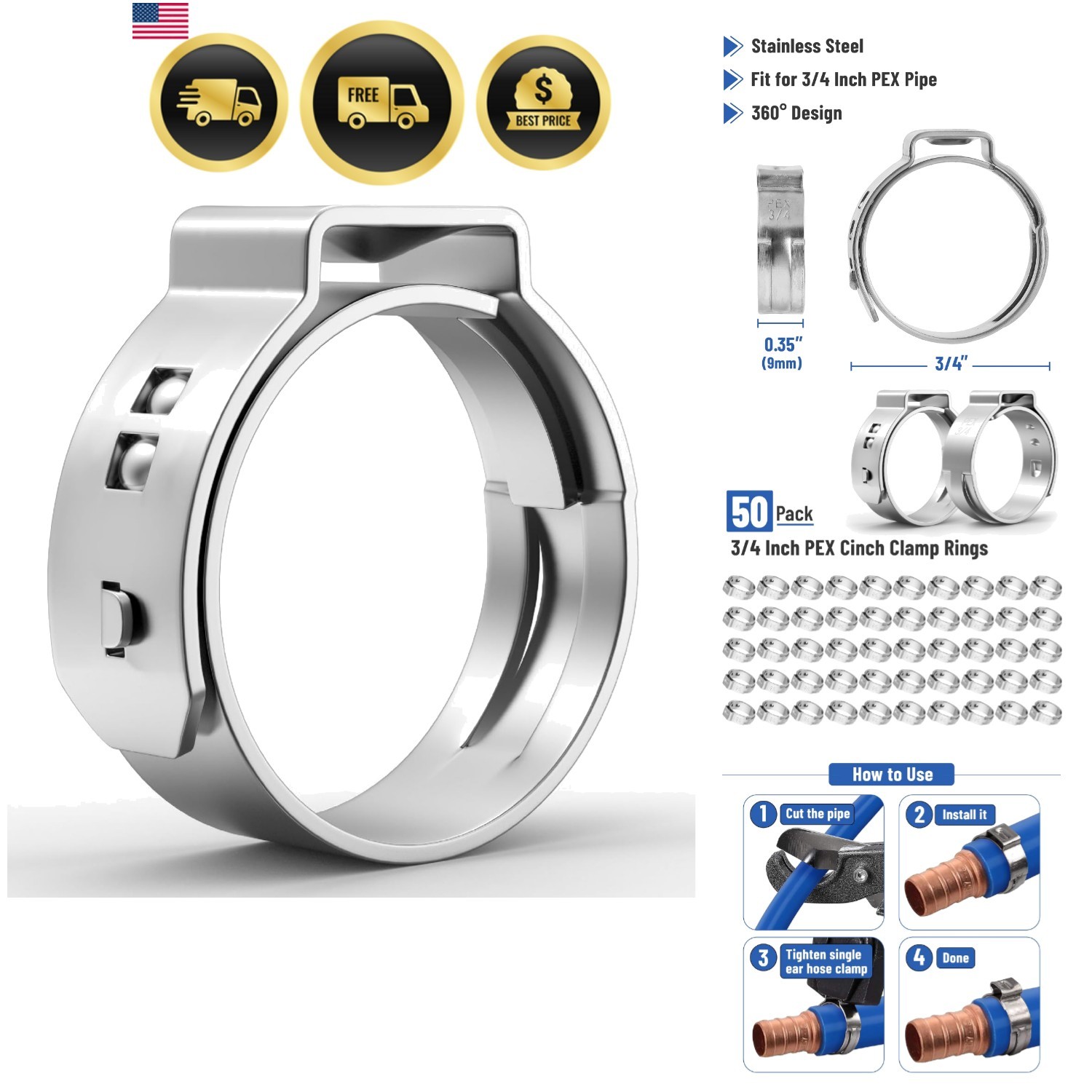 Bates- PEX Cinch Clamp Rings, 3/4″, «50 Pack, Stainless Steel, Pex Clamps