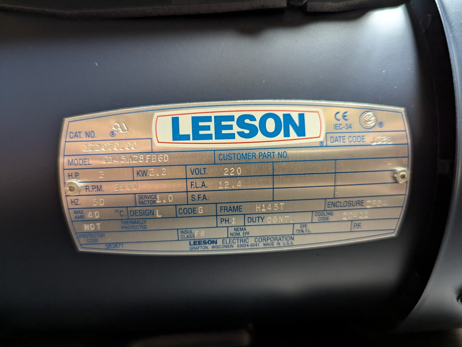 LEESON 1-Phase Motor : 3HP, 2850RPM, 50HZ, 220 Volts – FACTORY CLOSEOUT