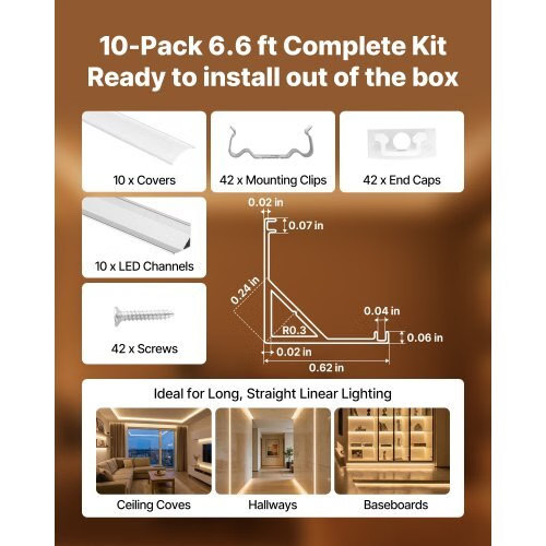 10-Pack 6.6 ft/2M V Shape LED Aluminum Channel, with Milky Cover, End Caps and