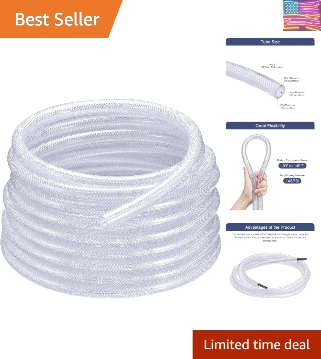 3/8″ ID x 5/8″ OD 50 Ft PVC Tube Braided Reinforced Tubing Flexible Hose Pipe…