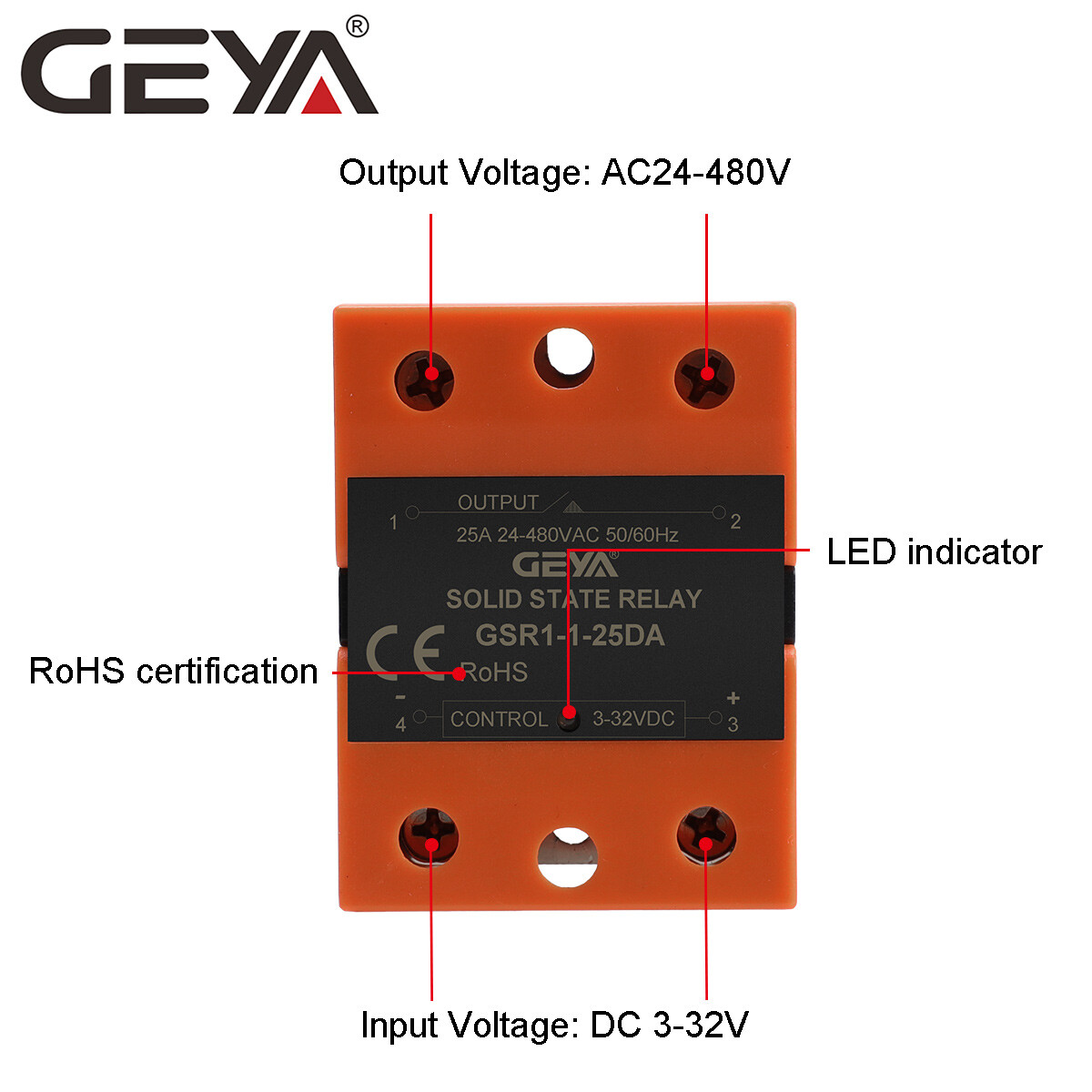 GEYA Solid State Relay Module SSR-10/25/40/60/80/100/120DA 3-32VDC to 24-480VAC